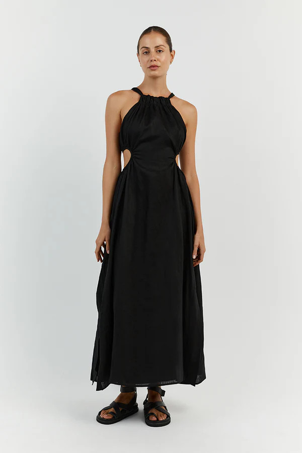 CAMILA BLACK LINEN MIDI DRESS | DISSH