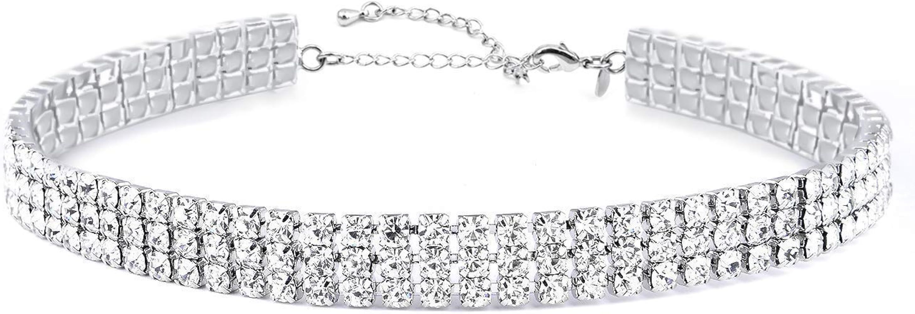 Amazon.com: 3 Row Rhinestone Choker Necklace for Women White Gold Plated, 10 inch: Clothing, Shoe... | Amazon (US)