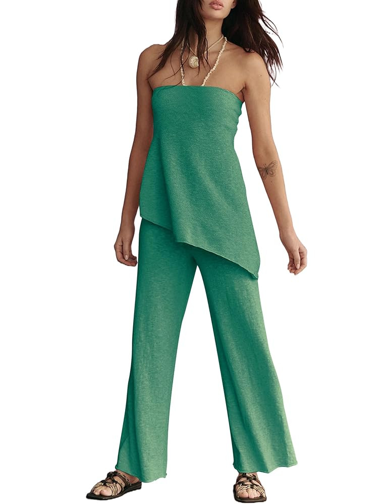2 Piece Sets for Women Tube Tops and Pants Lounge Sweater Sets Summer Beach Travel Vacation Outfi... | Amazon (US)