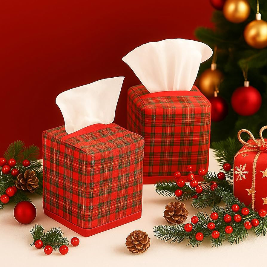 2 Pcs Christmas Plaid Tissue Box Cover Polyester Cotton Scottish Tartan Decorative Tissue Box Hol... | Amazon (US)