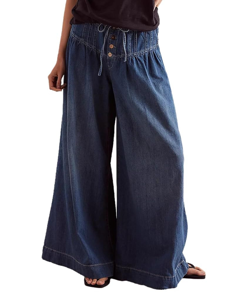 Women's Baggy Wide Leg Jeans Elastic Mid Waisted Drawstring Loose Fit Casual Denim Pants | Amazon (US)
