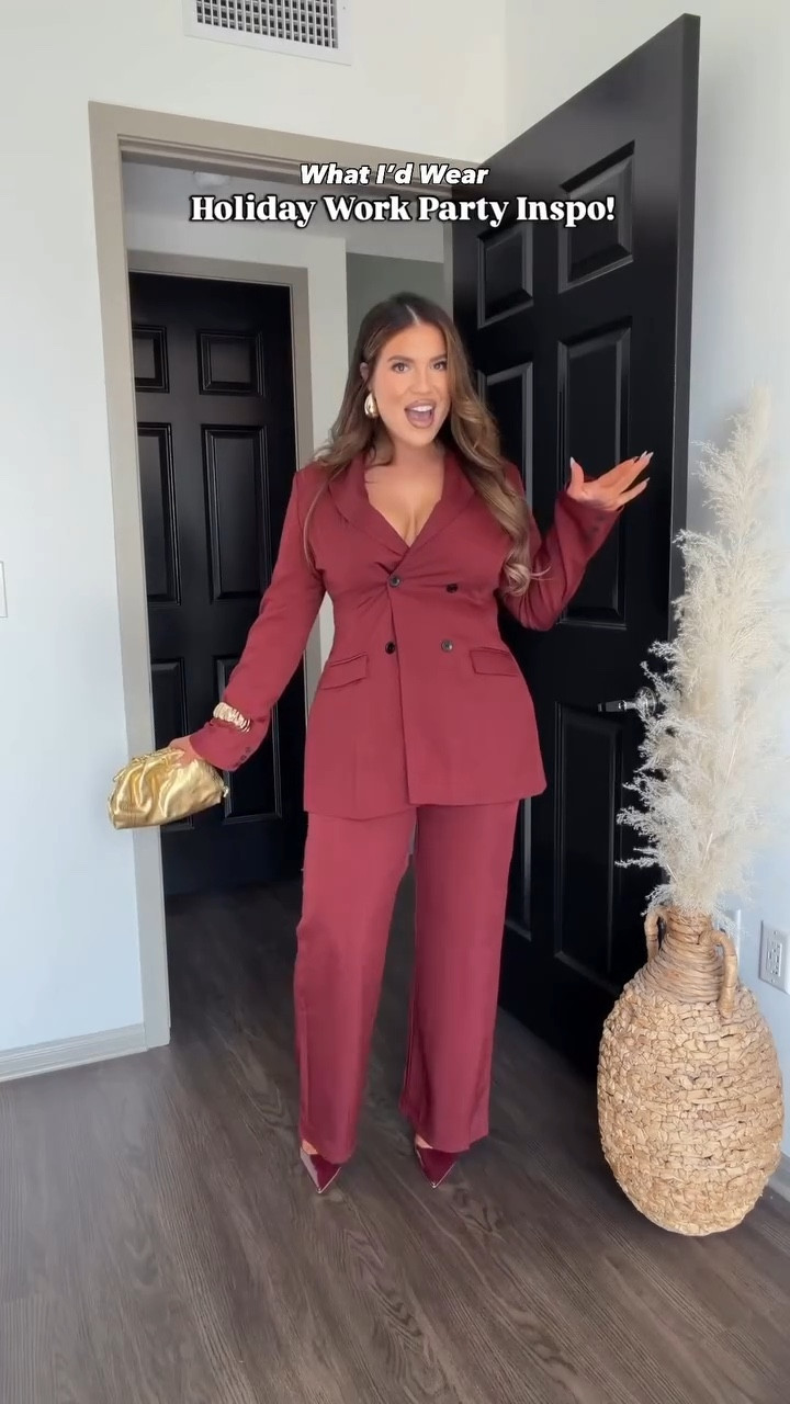 Holiday Work Party Inspo! This is the ultimate BOSSY suit🙌🏼😍 Wearing my reg L- fit and flare blazer to cinch the waist, creating a great hourglass shape. Trousers have some stretch in the back of the waist but the fabric is generally non-stretch.

Wearing a L in the first green dress as well! 💫

#holidayofficestyle #corporateholidayparty #holidayoutfits #amazonholidayfashion #holidaypartyoutfit

#LTKHoliday #LTKMidsize