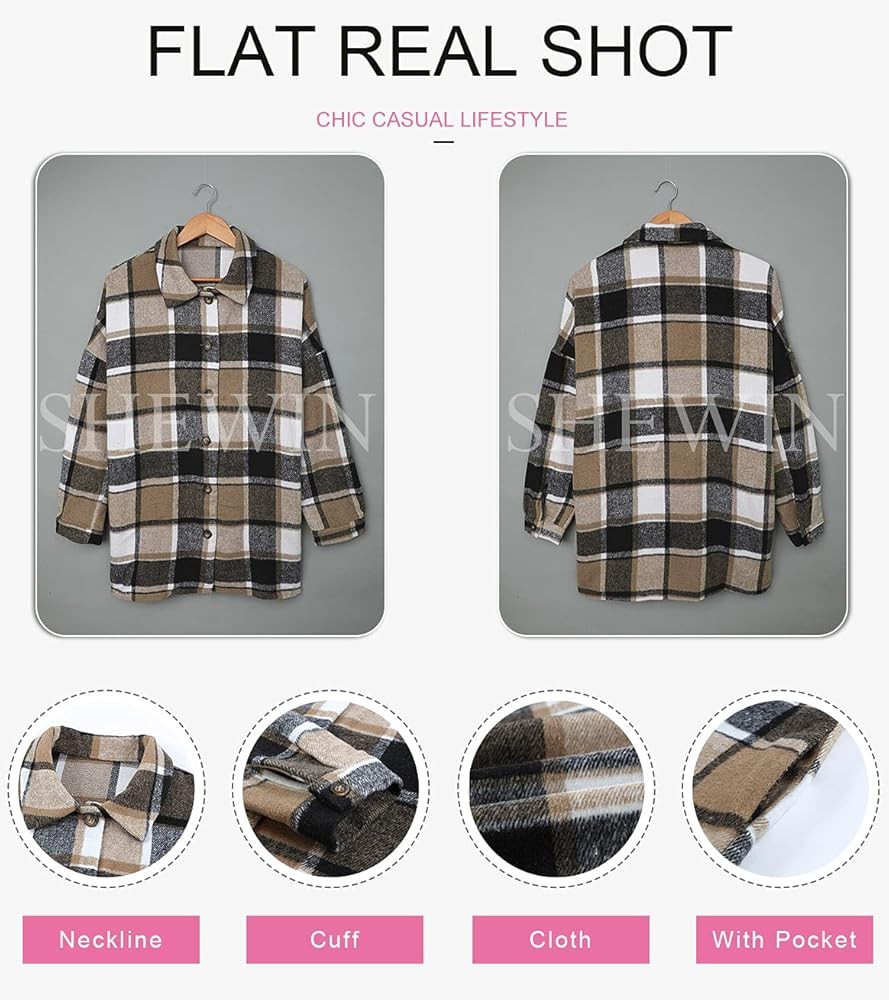 SHEWIN Womens Long Sleeve Plaid Shirts Flannel Lapel Button Down Shacket Jacket Coats | Amazon (US)
