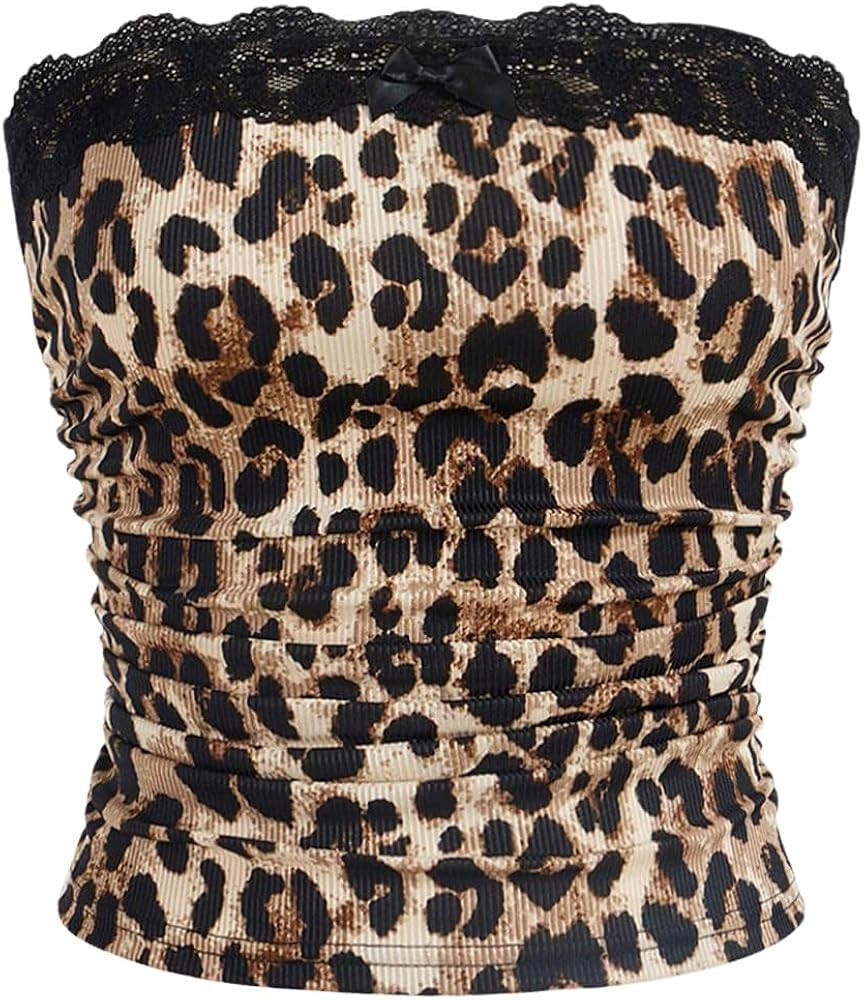 WDIRARA Women's Leopard Print Strapless Sleeveless Bandeau Crop Tube Top Mesh Bow Lace Trim Ruche... | Amazon (CA)