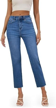 FLYING BANANA Women's High Waisted Straight Slim Ankle Stretch Denim Trendy Jeans | Amazon (US)