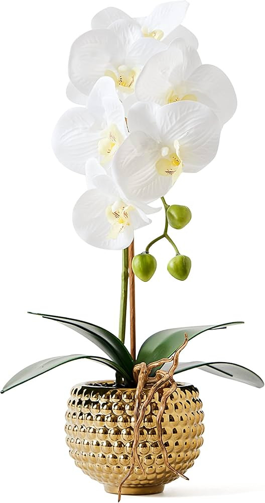 Orchids Artificial Flowers, 15" Faux Orchid in Gold Flower Pot Real Touch Flowers in Pot Large Fl... | Amazon (US)