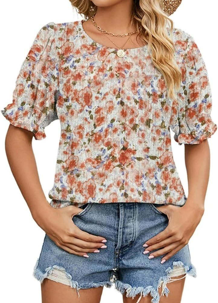 Zeagoo Womens Blouses Dressy Casual Spring Floral Print Crewneck Smocked Puff Short Sleeve Shirts | Amazon (US)
