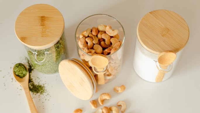 Set of 3 Airtight Glass Jars with Bamboo Lids & Bamboo Spoons - Decorative & Durable 17-Oz Borosi... | Amazon (US)