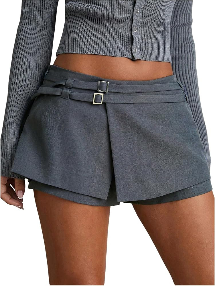 SweatyRocks Women's Buckle Low Waist Mini Skirts Business Casual Skort Skirts | Amazon (US)