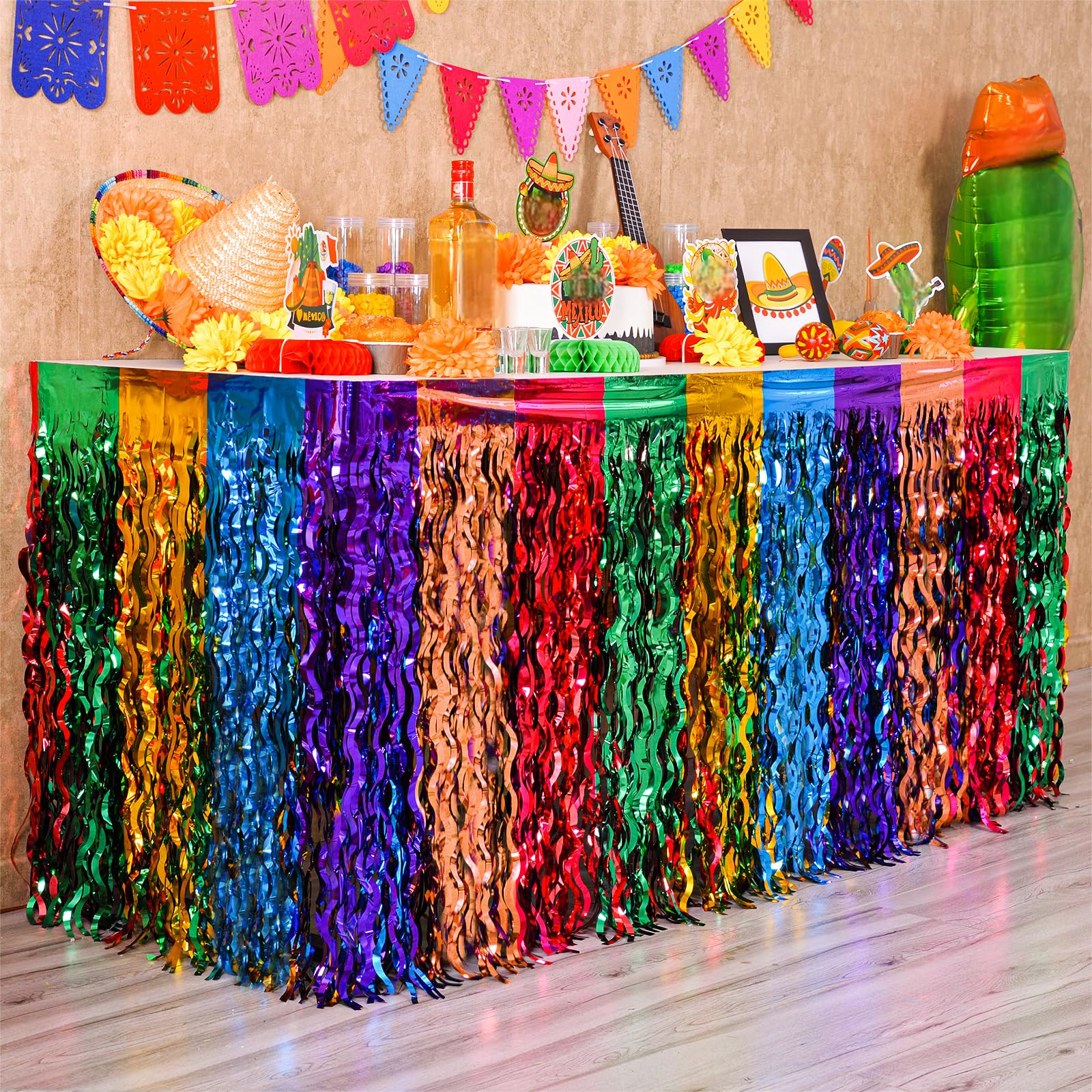Mega-L Cinco de Mayo Decorations, 2 Pack Fiesta Party Wavy Metallic Tinsel Foil Fringe Table Skir... | Amazon (US)