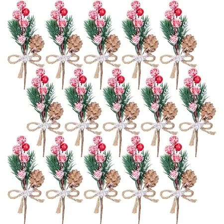 15PCS Red Berry Stems Pine Branches Evergreen-Artificial Pine Cones Branch Craft Wreath Pick-Christm | Walmart (US)