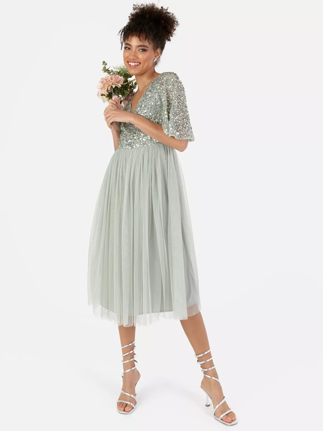 Maya Deluxe Flutter Sleeve Embellished Midi Dress | John Lewis (UK)