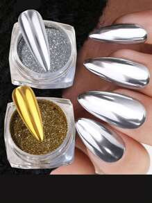 2Pcs Round Unscented Gold Silver Chrome Nail Powder Y2K Highly Pigmented Mirror Glitter Effect Me... | SHEIN