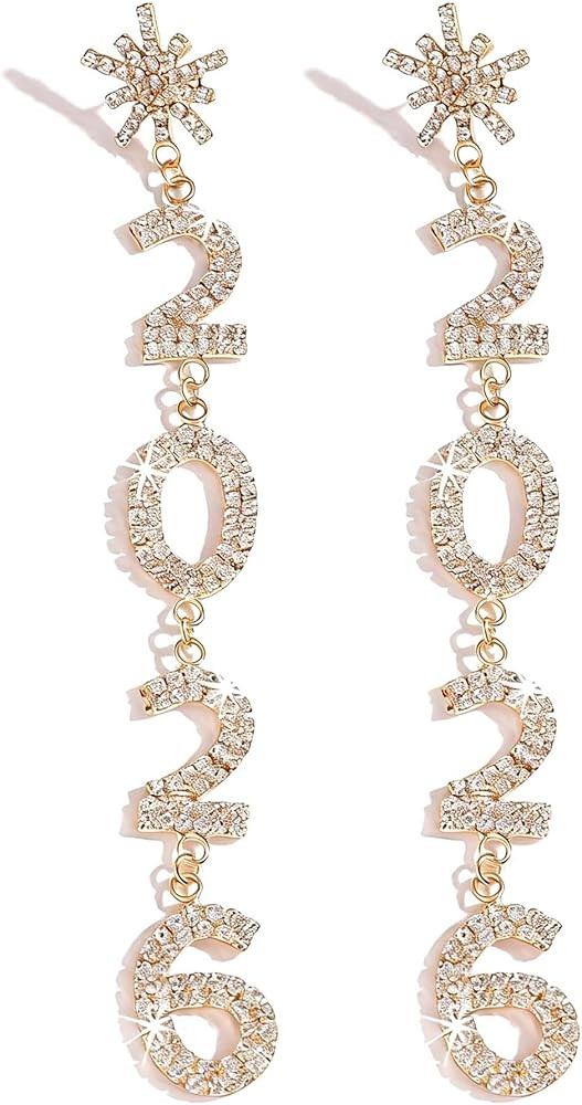 New Years Earrings for Women 2026: Sparkling 2026 Shape Dangle Earrings with Rhinestones & Pearls... | Amazon (US)
