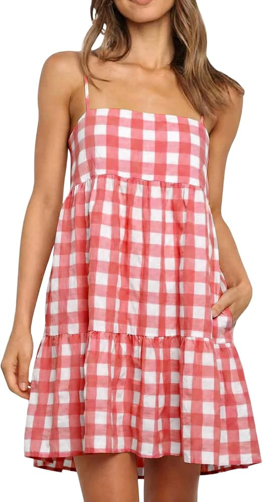 Wenrine Womens Summer Plaid Mini Dress Casual Spaghetti Strap Sleeveless A Line Beach Sundress wi... | Amazon (US)