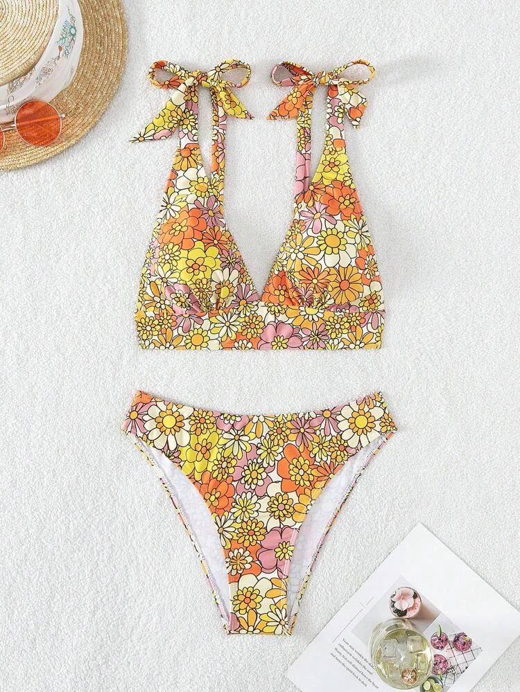 Floral Print Tie Shoulder Bikini Swimsuit | SHEIN