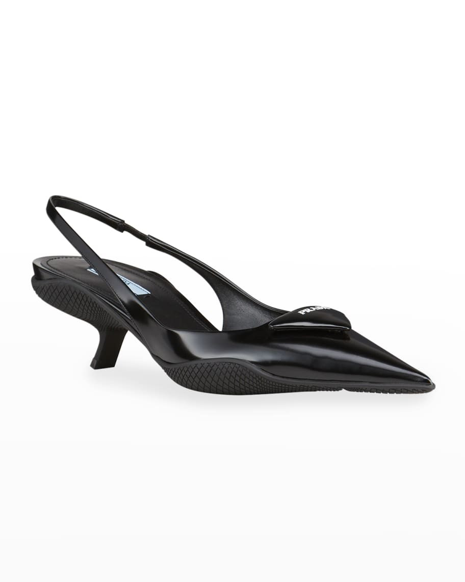 Prada Triangle Logo Kitten-Heel Slingback Pumps | Neiman Marcus