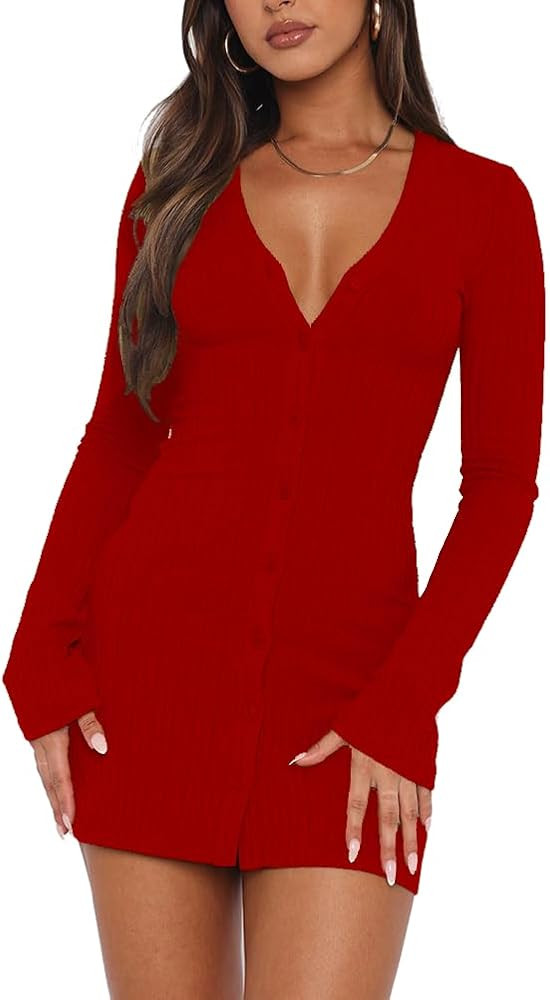 Womens Long Sleeve Sweater Dresses 2025 Spring Sexy V Neck Button Down Mini Dresses Trendy Fall C... | Amazon (US)