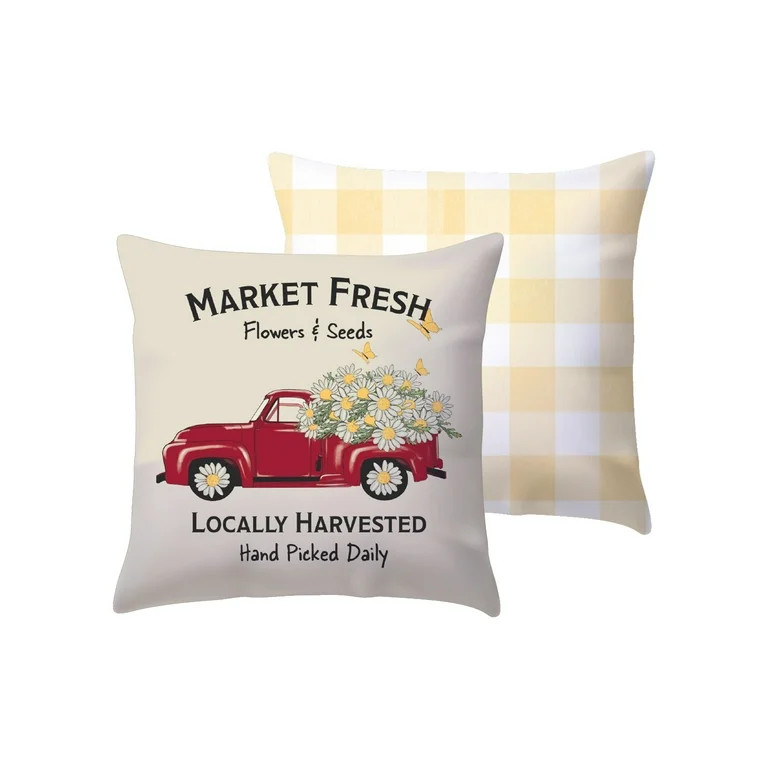 Mainstays Market Fresh Red Flower Truck Reversible Outdoor Throw Pillow, 16", Beige Novelty and P... | Walmart (US)