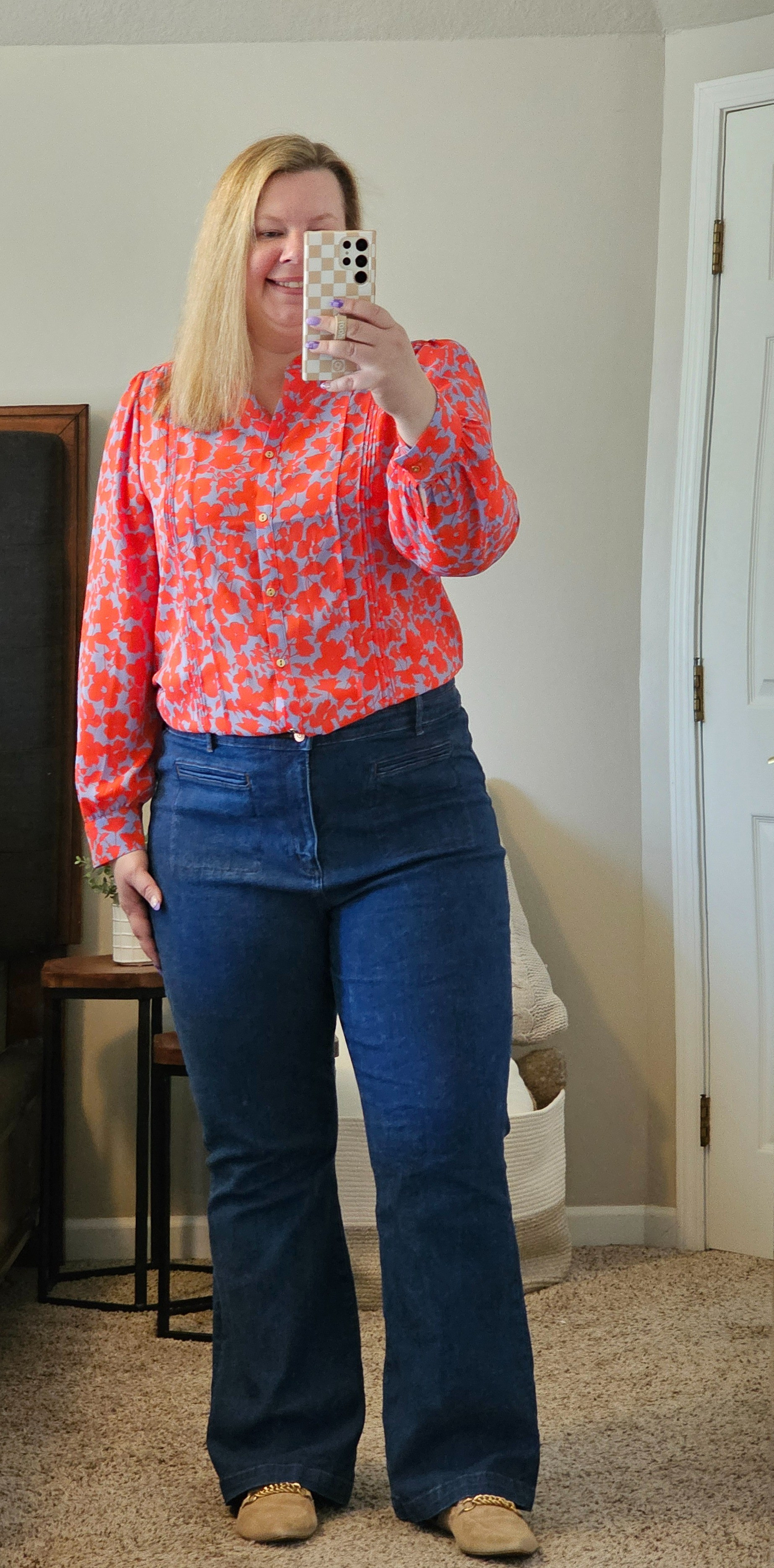 This top is am XXL and I love the bright colors. Jeans are a 34. 

#LTKfindsunder100 #LTKover40 #LTKworkwear