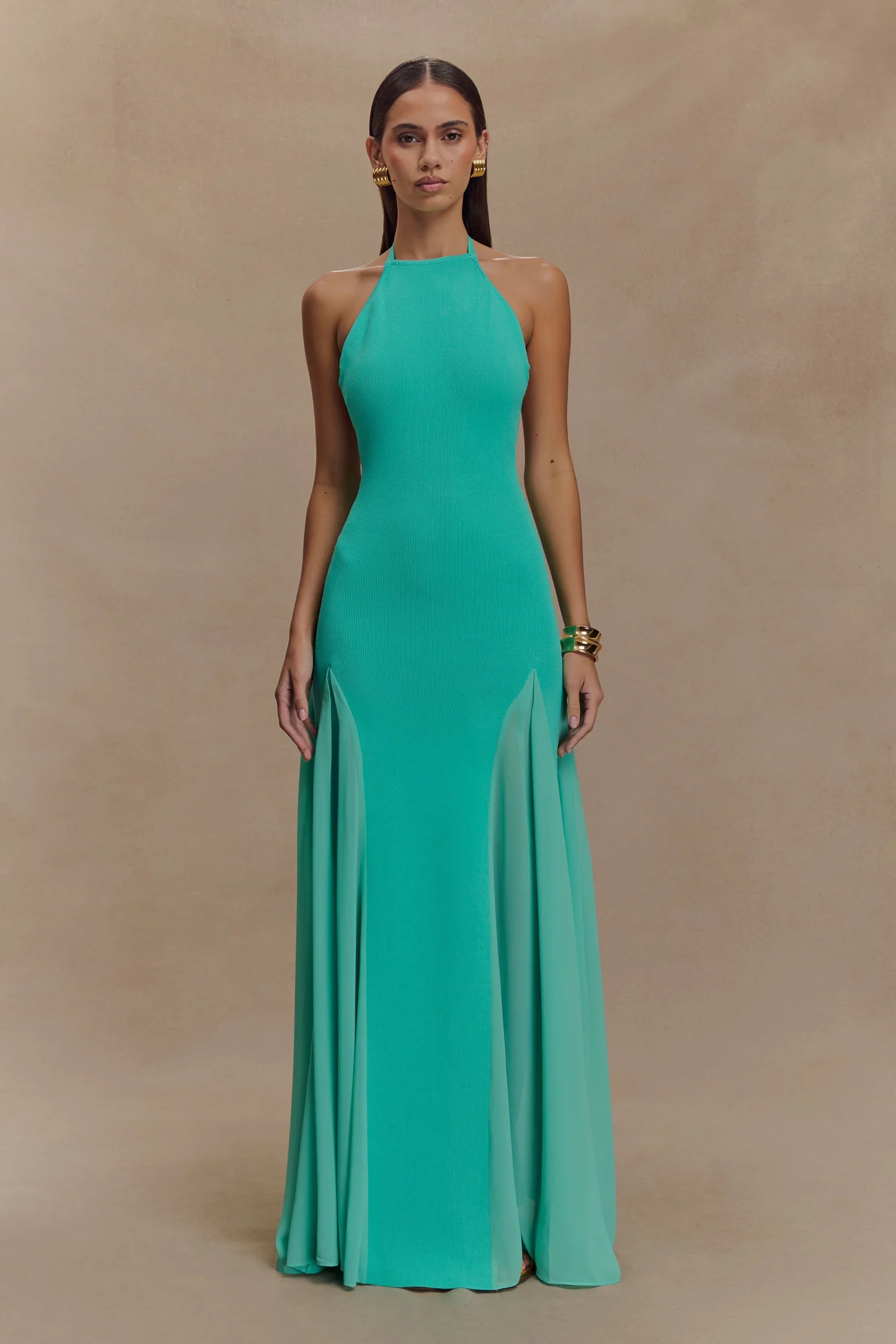 Soleil Knit And Mesh Halter Maxi Dress - Lagoon | Meshki UK