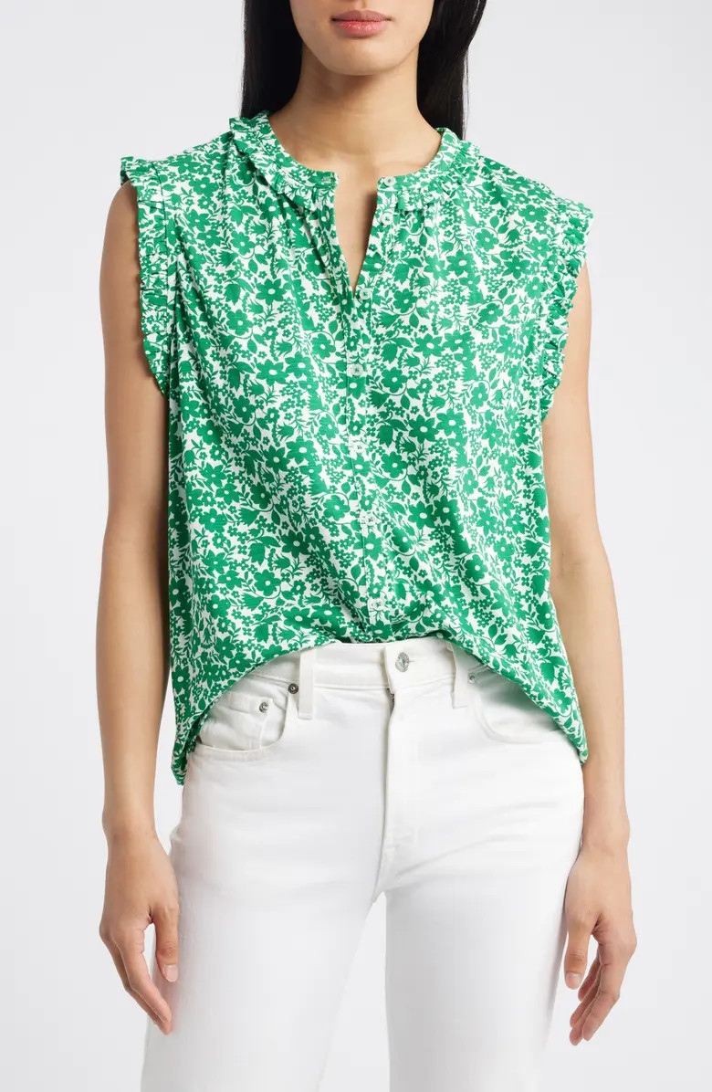 Olive Floral Ruffle Accent Sleeveless Button-Up Shirt | Nordstrom