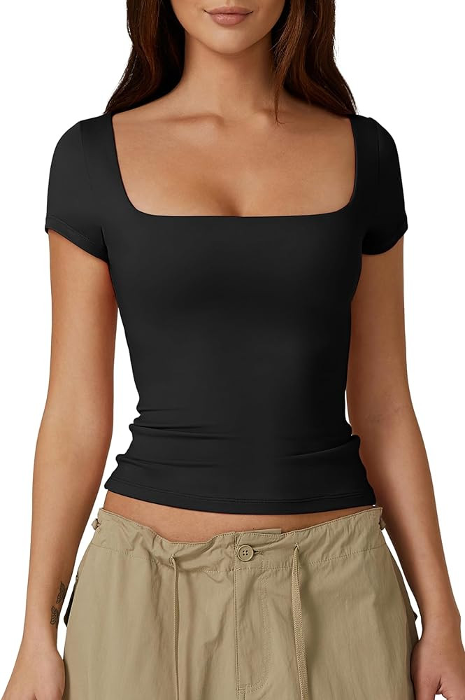 QINSEN Women's Square Neck Short Sleeve Double-Layer Tops Basic Slim Fit Going Out T Shirt | Amazon (US)