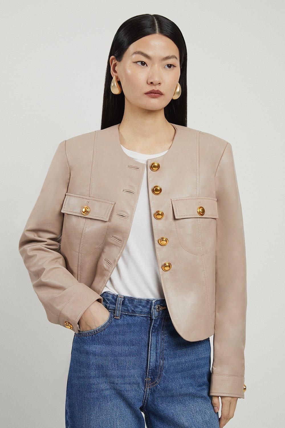 Leather Button Through Collarless Jacket | Karen Millen US