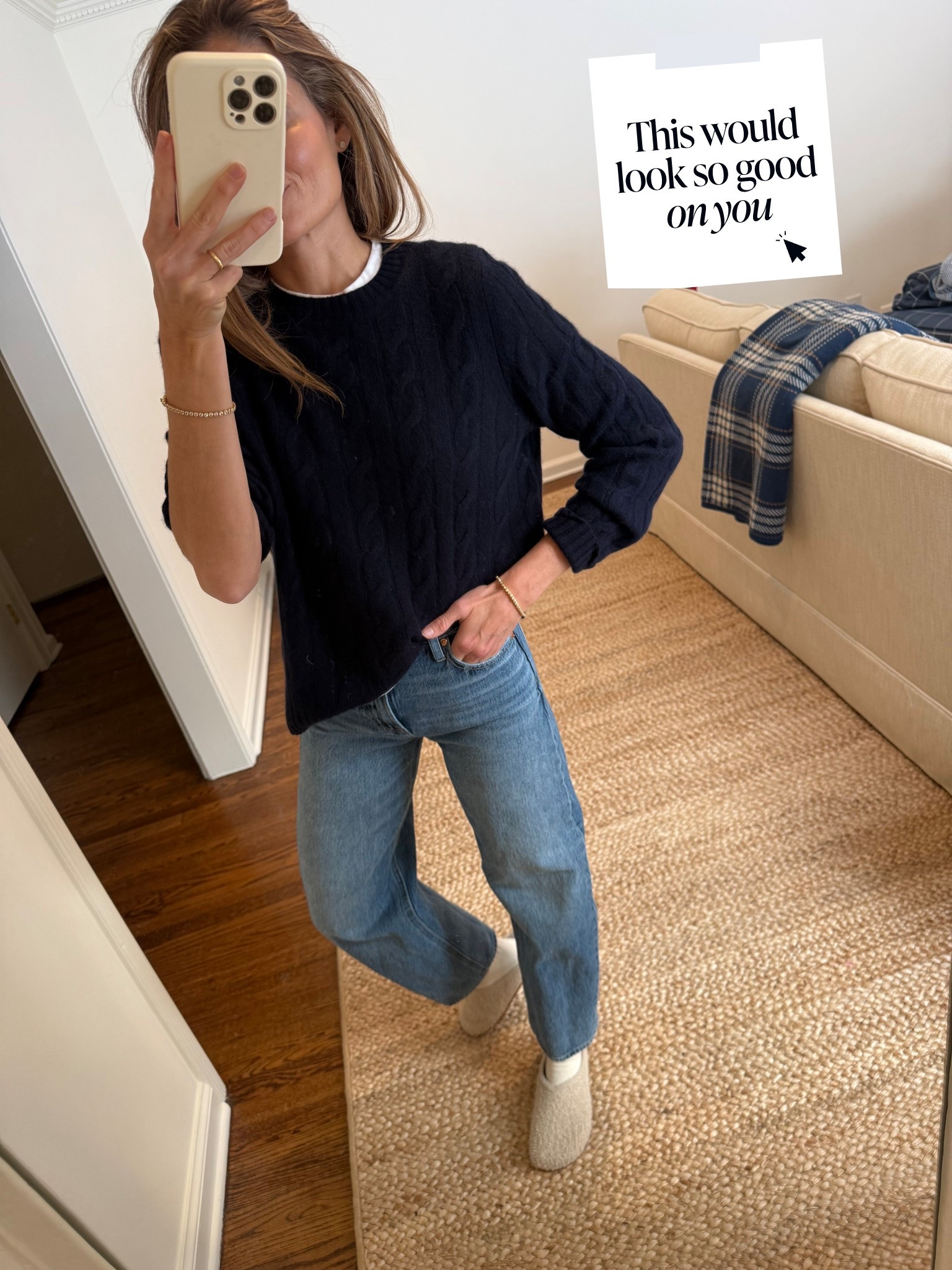 Bloomingdale’s Cableknit is giving serious Ralph Lauren vibes for under $100 ($400 less!!). Note my sweater is navy but the app is acting up so I can only show white. The link will take you to the product, just switch to navy • soldout.nyc white tee is a great layering piece • Pistola Wes jeans have the perfect barrel shape (some shape to keep it interesting but not too crazy) and is a great price for such premium denim • Rothy’s cozy clogs are so hard to find right now. Linking what I found and also the Casual Clog which is also amazing • NEW sock find on Amazon. Super soft, warm and chic • added a little Dorsey sparkle to complete the look  

Sizing notes: sweater & tee - wearing a small. Jeans: run tts, in a 25. Use MEG15 for a little $$ off my jeans! Clogs: wearing my true size but they run a little big, if you are between size down. 
 #ootd #outfitinspo #everydaystyle #momstyle #classicstyle #grwm #wardrobestaples #fallstyle #classicstyle #closetstaples

#LTKootd #LTKFindsUnder100 #LTKSeasonal

#LTKFindsUnder100 #LTKootd #LTKSeasonal
