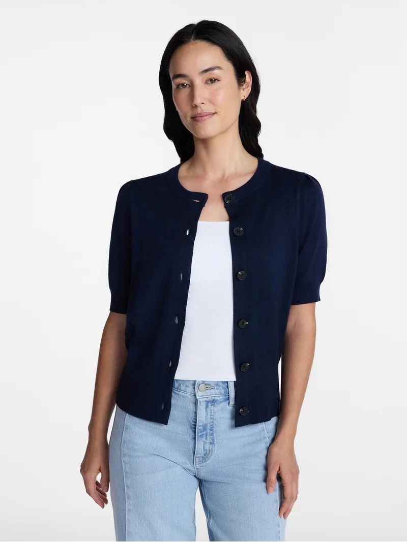 Time and Tru Women's Crewneck Cardigan with Short Sleeves, Lightweight, Sizes XS-XXXL | Walmart (US)