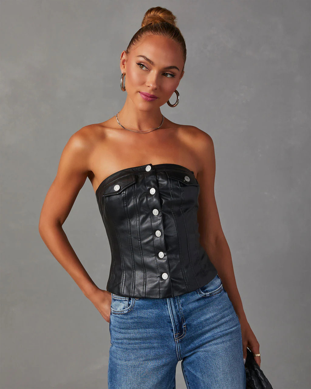 Suzie Faux Leather Button Front Bustier Top | VICI