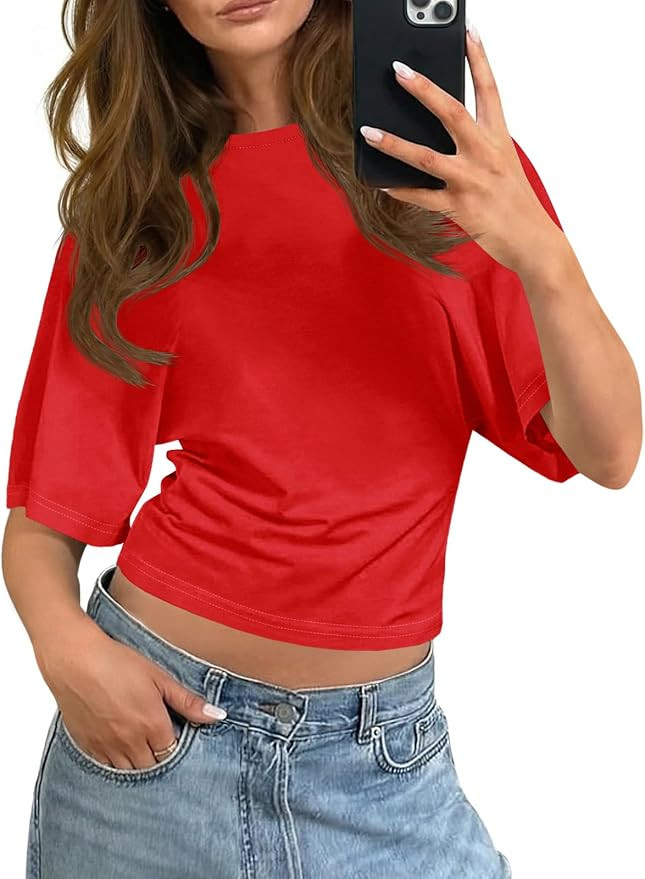 Tankaneo Womens Summer Short Sleeve Crop Tops Waisted Going Out Trendy Casual Loose Fit Basic Tee... | Amazon (US)
