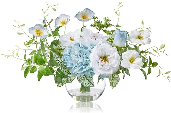 WELL KNOWN Artificial Silk Flowers Bouquet with Vase, Fake Flower Arrangements in Glass Vase with... | Amazon (US)