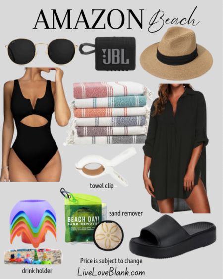 Amazon beach day outfit 
Bathing suit bathing suit cover up
Sun hat sunglasses sandals beach towel towel clip sand remover drink holders (keep your drinks sand free) Bluetooth speaker 


#LTKstyletip #LTKSeasonal #LTKtravel