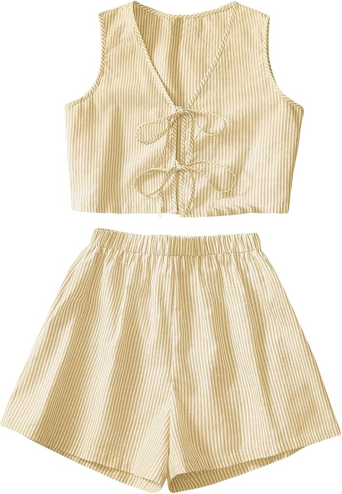 SOLY HUX Women's 2 Piece Outfit Striped Tie Front Tank Top High Waist Shorts Set | Amazon (US)