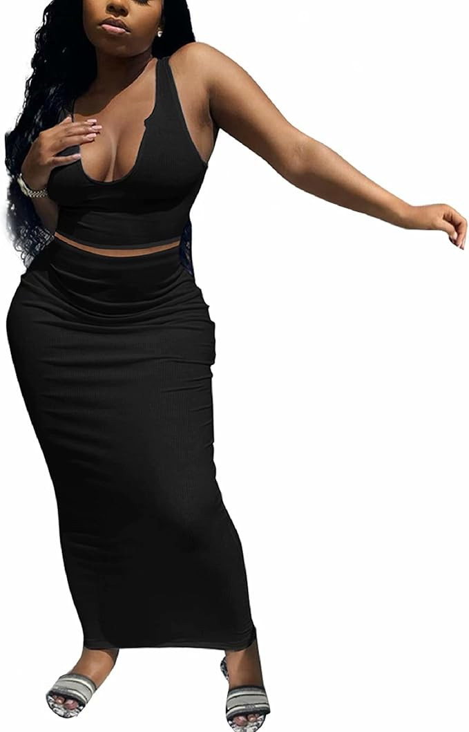 Adogirl Women's Sexy Summer Scoop Neck Ottoman Rib 2 Piece Outfit Bodycon Crop Tank Tops Long Max... | Amazon (US)