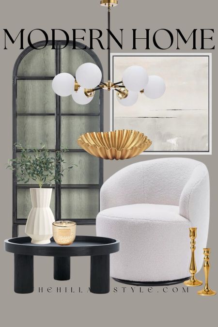 Modern Home: neutral home decor and furniture finds for the modern organic home. White Boucle accent chair, wood curio cabinet, wood display cabinet, black and gold chandelier, black round coffee table, framed abstract art, gold ruffle bowl, gold fluted bowl, white ceramic vase, gold candle holders, gold candle, faux olive stems. Target, McGee & Co, Wayfair, Crate and Barrel, Anthropologie, Pottery Barn.

#LTKSeasonal #LTKHome #LTKStyleTip
