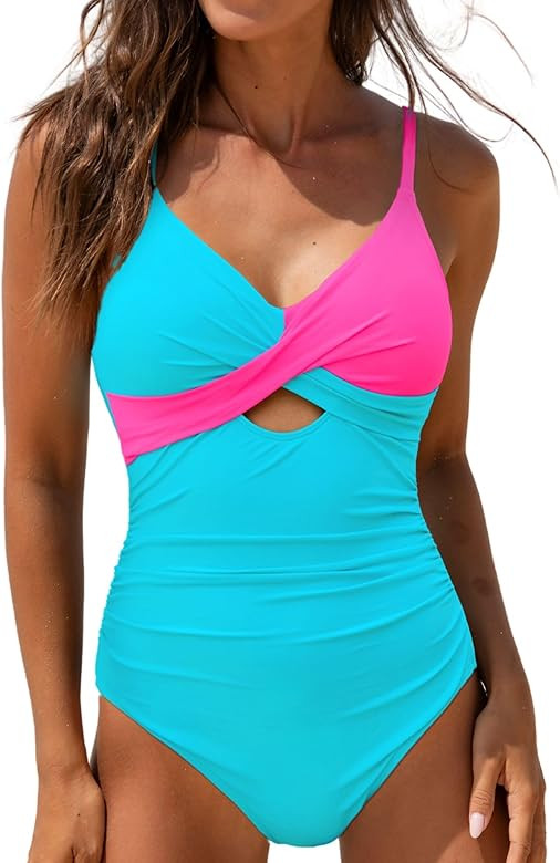 popvil One Piece Swimsuit Women Tummy Control Hight Waisted Bathing Suit V Neck Swimwear Neon Sex... | Amazon (US)