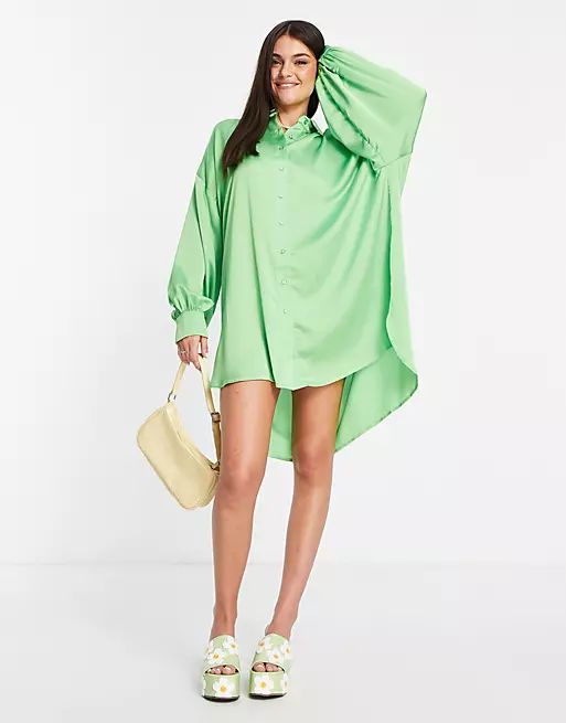Glamorous button up shirt dress in apple green satin | ASOS (Global)