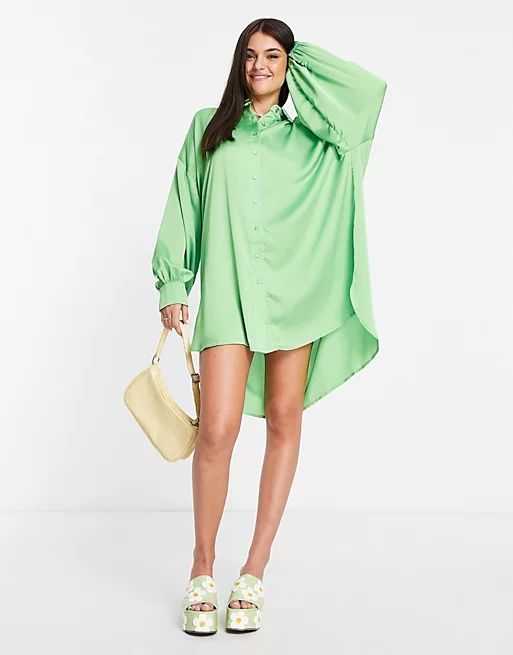 Glamorous button up shirt dress in apple green satin | ASOS (Global)