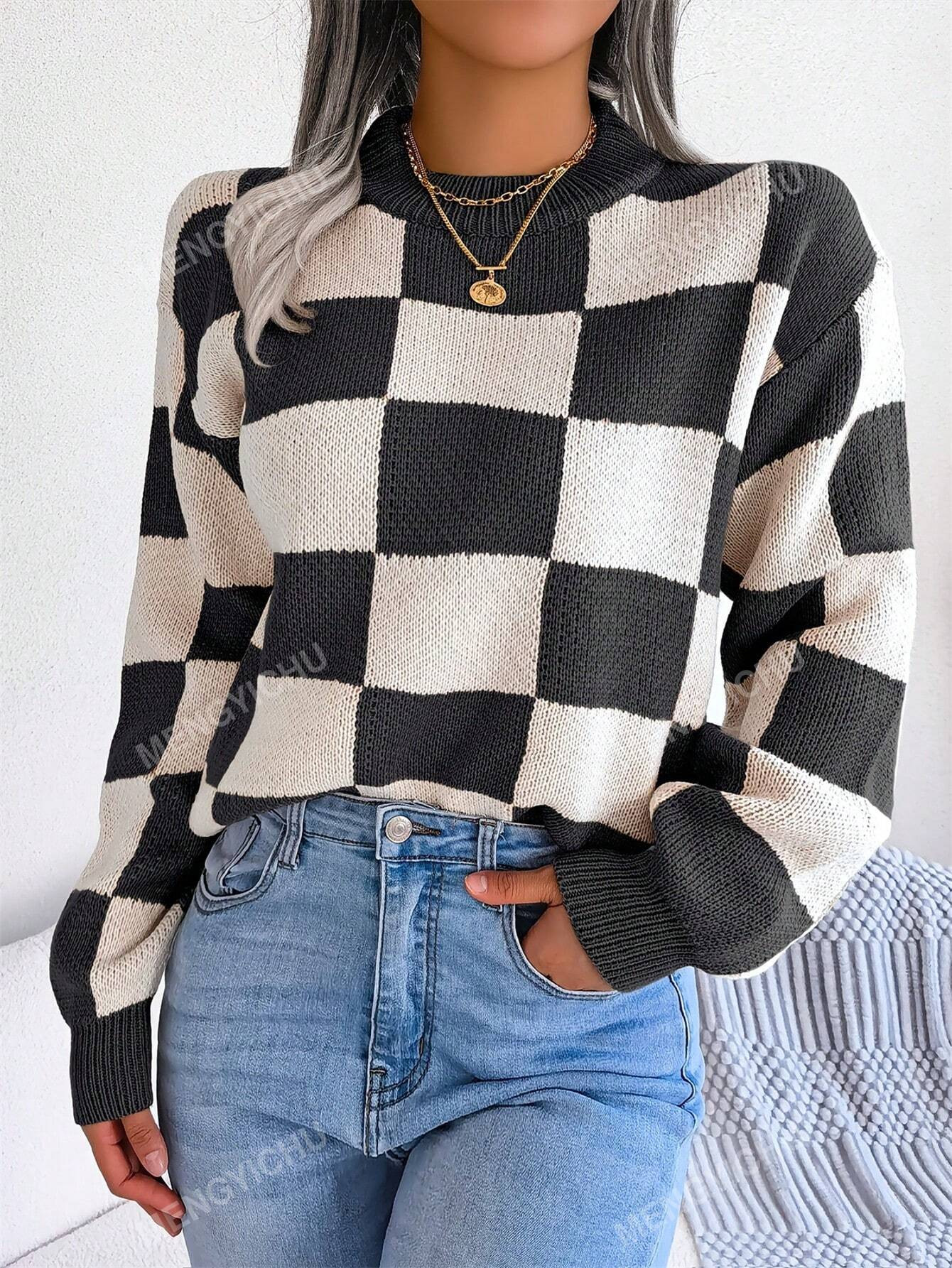 New Autumn And Winter Style Street Style Contrasting Checkerboard, Shein Sweater, Fall Sweater  P... | SHEIN