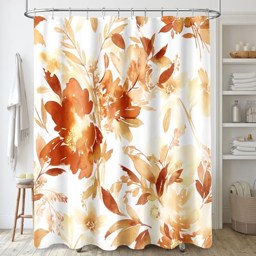 MAYZUS Orange Shower Curtain, Watercolor Floral Shower Curtain for Bathroom, Burnt Orange Fall Flower Decorative Fabric Shower Curtain Set with Hooks 72x72 | Amazon (US)