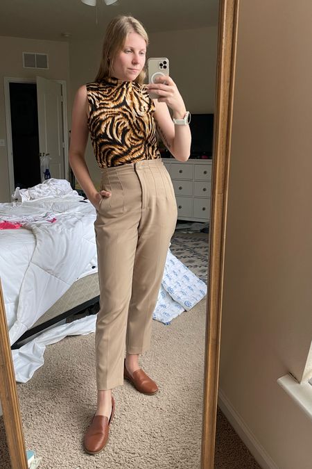 Summer to fall work outfit inspo. Tailored high waisted tan pants and a mock neck tank in animal print  

#LTKSeasonal #LTKworkwear #LTKunder50