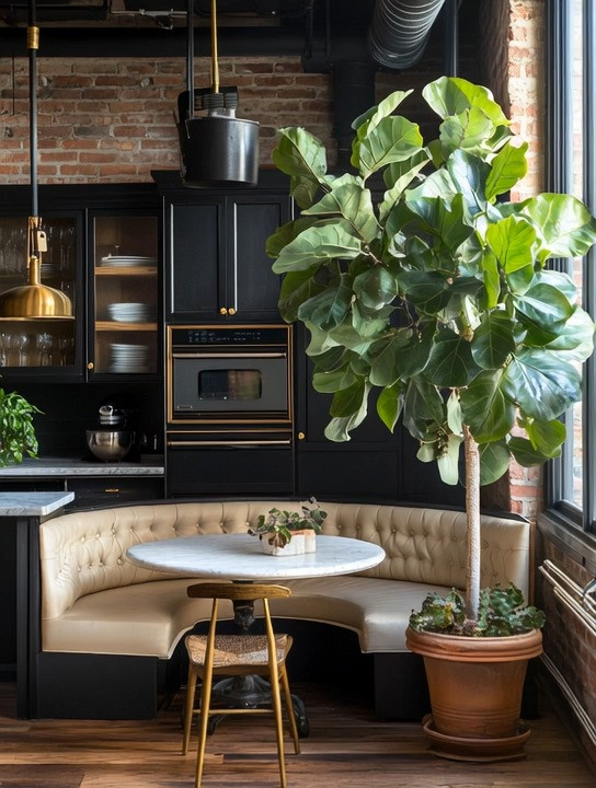 Create restaurant-style living at home with a beautifully designed dining booth that instantly elevates modern spaces. Built-in booths add structure, comfort, and quiet luxury—whether you choose a round booth for intimate dinners, a square booth for everyday dining, or a corner booth to maximize small spaces. Styled with black kitchen appliances, warm wood tones, and sculptural greenery, this setup works effortlessly as a dining table, casual lounge, home workstation, or the perfect taco-and-nachos night spot with friends. A timeless design choice that blends function with elevated living.
#diningbooth #modernhome #quietluxury 

 #LTKHome