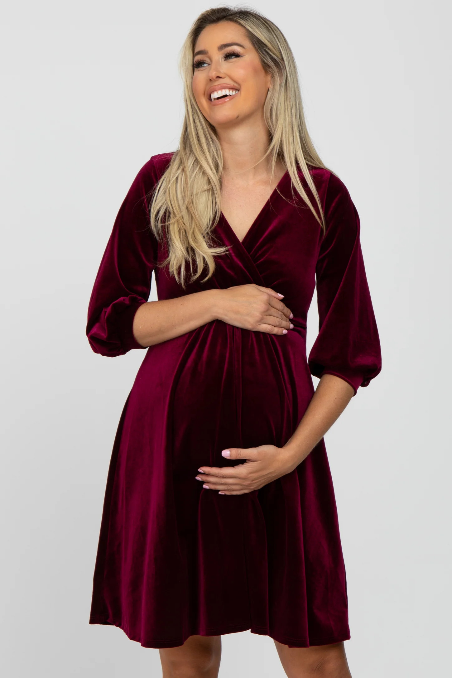 Burgundy Velvet Wrap Front Babydoll Maternity Dress | PinkBlush Maternity