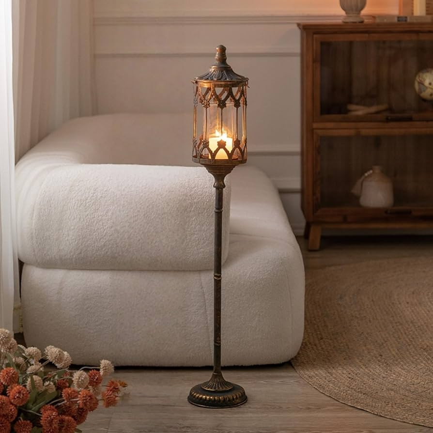 Vintage Floor Candelabra - 37.1" Tall Antique Gold Candle Holder with Glass Lantern, Rustic Gothi... | Amazon (US)