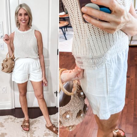 Today only… these Old Navy linen blend shorts are on major sale! Only 💲1️⃣2️⃣.9️⃣9️⃣ ! And this Old Navy crochet top has all the Anthro vibes. The hem is so unique and fun! Comes in black and tan. 

✨ I’m wearing a small in both. Fit is true to size. 

#LTKSaleAlert #LTKFindsUnder50 #LTKOver40