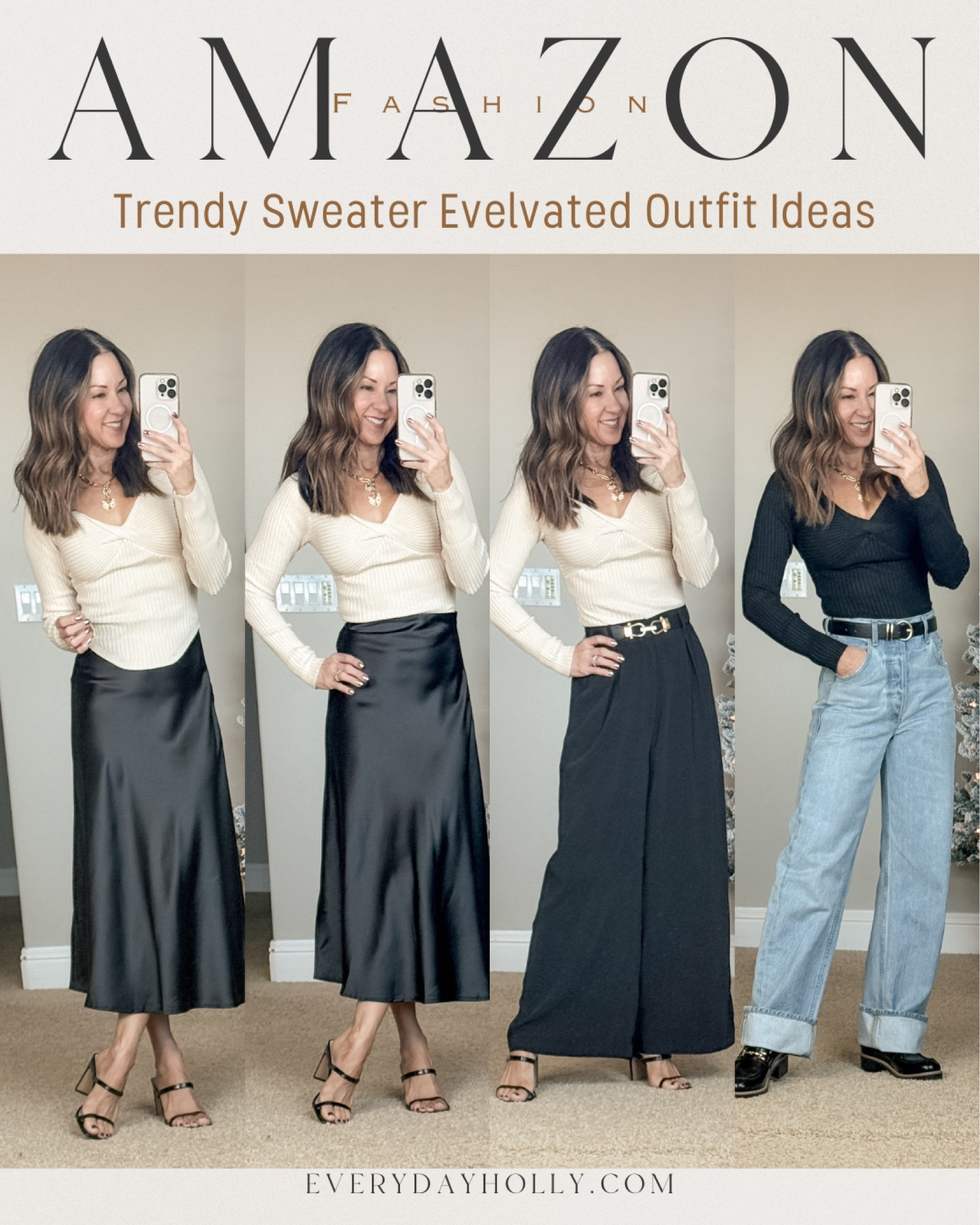 💥15% off Sweater with code CN3ELJ7C. Trendy fall sweater styled with a satin skirt XS, trousers XS short, and jeans 22 (I went down 2 sizes). Belts, accessories, heels and loafers are all linked. workwear, office outfit, casual everyday style, petite over 50 outfit ideas, date night
#ltkworkwear #ltkover50


#LTKOver40 #LTKFindsUnder50 #LTKSaleAlert