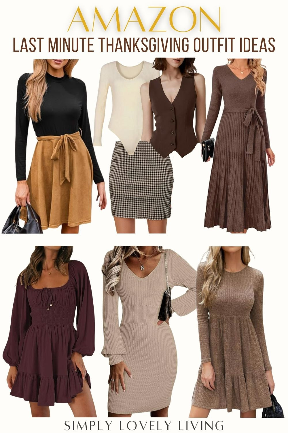 Last minute Thanksgiving Outfit Ideas from Amazon! Thanksgiving dress. Thanksgiving skirt. Plaid skirt. Knit bodysuit. Brown vest. Beige dress. Knit dresses. Holiday dresses. #LTKstyle #LTKfind

#LTKHoliday #LTKSeasonal #LTKFindsUnder50