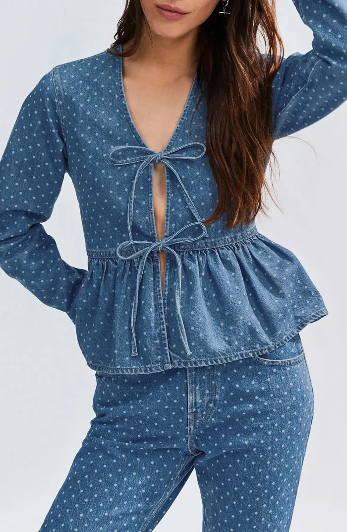 NEXT Polka Dot Tie Front Peplum Denim Top | Nordstrom | Nordstrom